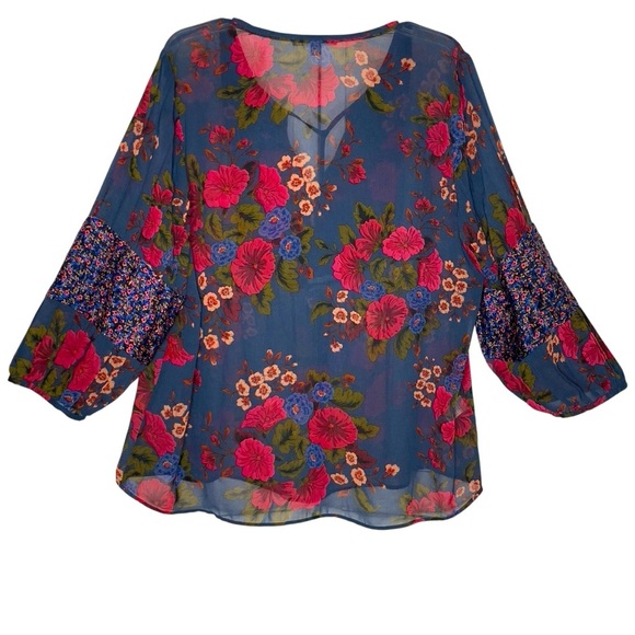 Daniel Rainn XXL Blue Floral Boho Peasant Blouse Sheer 3/4 Sleeve Tassel Tie - Picture 3 of 13